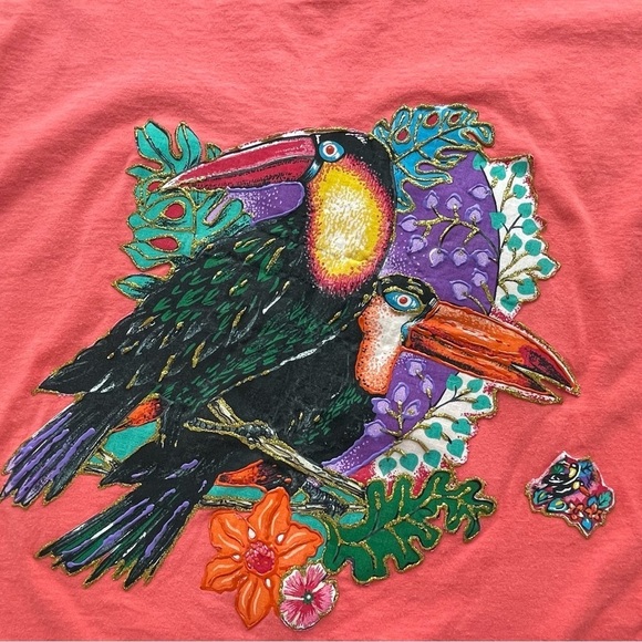 Vintage 80’s Artisan Toucan Birds Hand Painted Iron On T Shirt - Picture 3 of 14